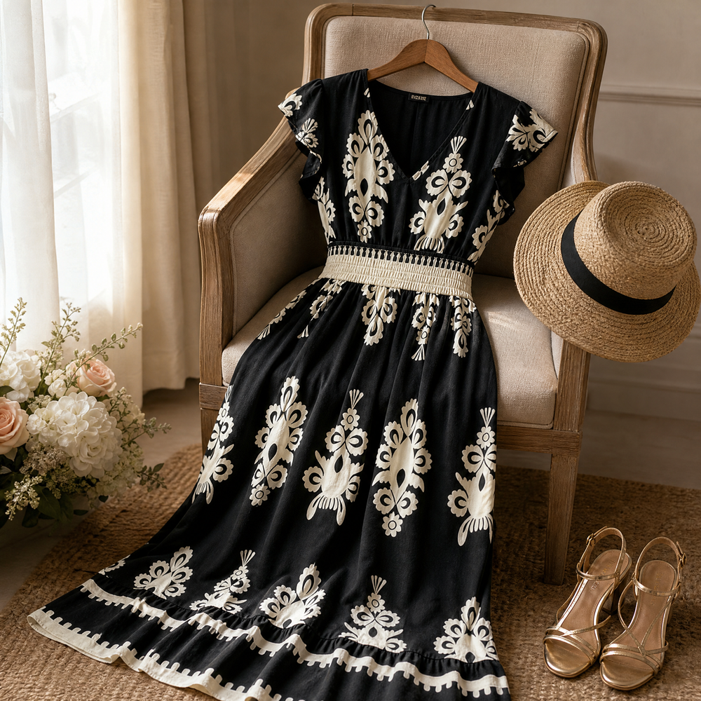 Osyrel – Women's Damask Print Midi Dress with V-Neck