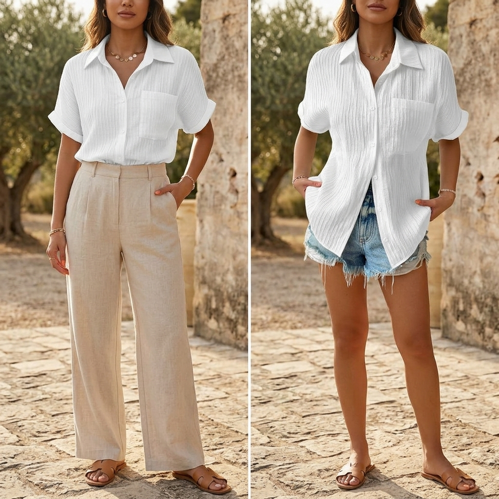 Vivara – Textured Crinkle Button Down Blouse for Women