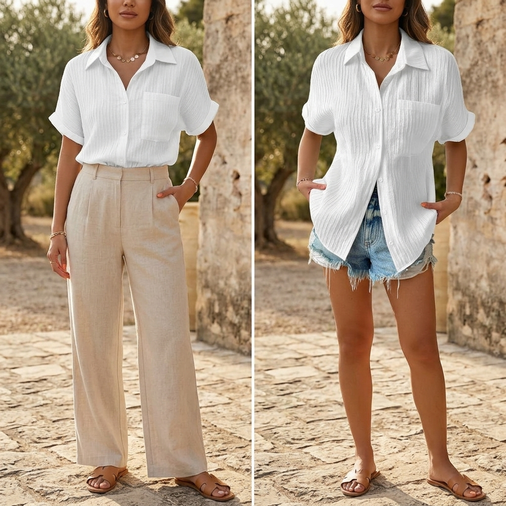 Vivara – Textured Crinkle Button Down Blouse for Women