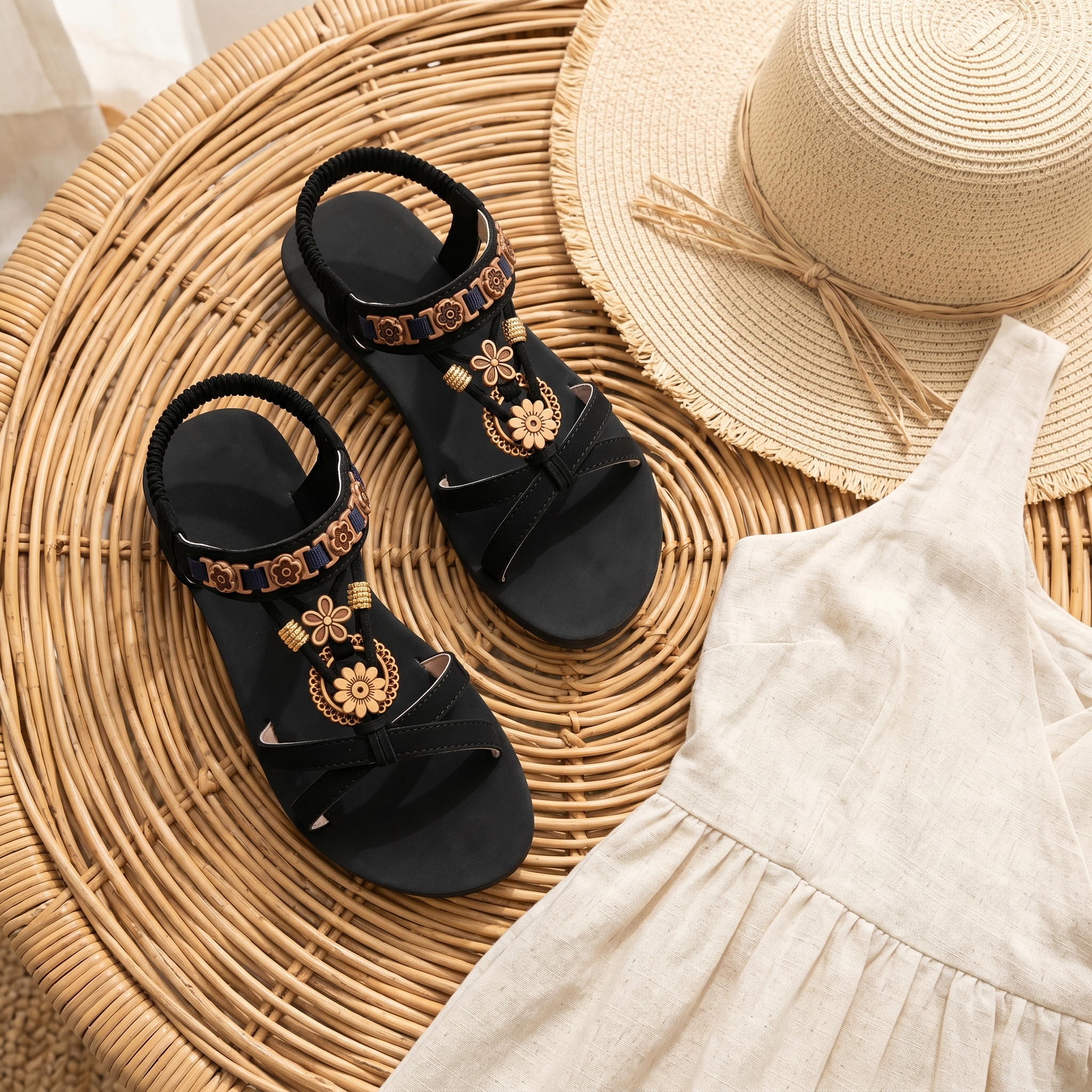 Soluna – Women's Boho Flat Sandals with Gold Floral Charms