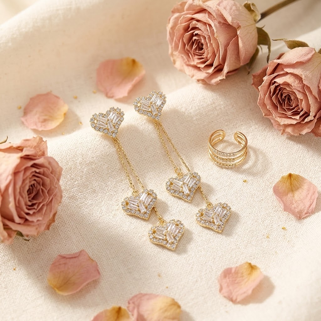 Lunavia – Triple Heart Drop Earrings with Matching Ear Cuff