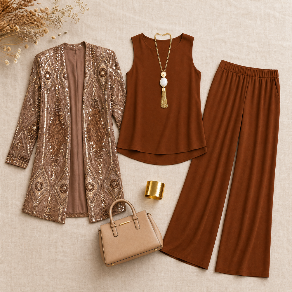 Trielle – Women's 3-Piece Printed Pantsuit Set, Duster, Shell and Wide-Leg Pants