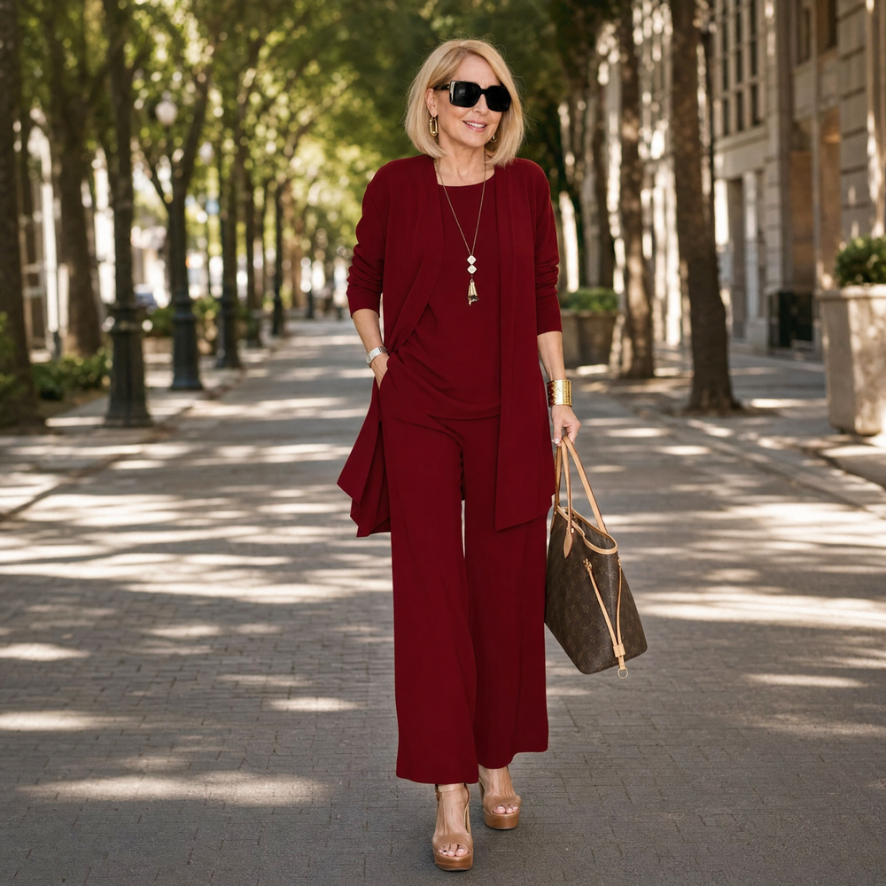 Maevelle – Women's Elegant 3-Piece Set with Drape Cardigan