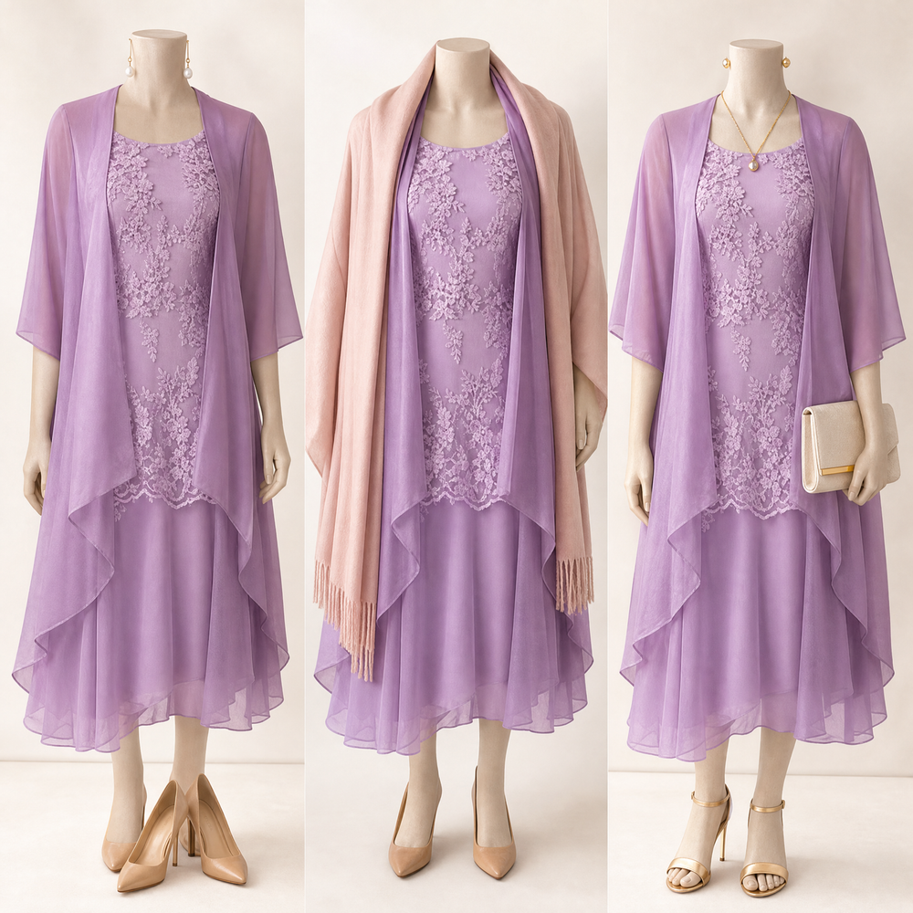 Lunavia – Women's Floral Lace Dress Set with Chiffon Shawl