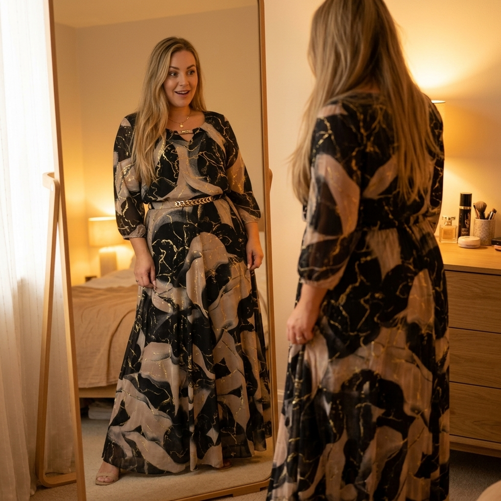 Vivara – Women's Marble Gold Chiffon Maxi Dress