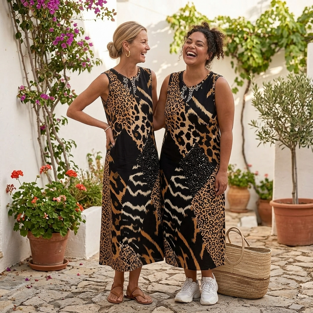 Vivara – Sleeveless Leopard Patchwork Midi Dress