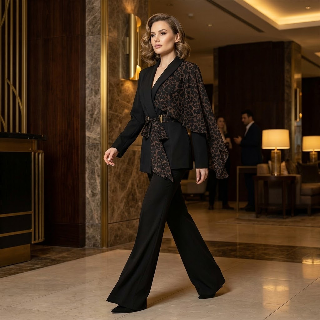 Selvana – Leopard accent blazer and pants set