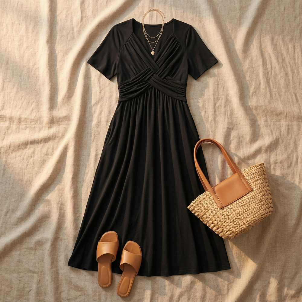 Veluna – Crossover V-Neck Midi Dress with Pockets