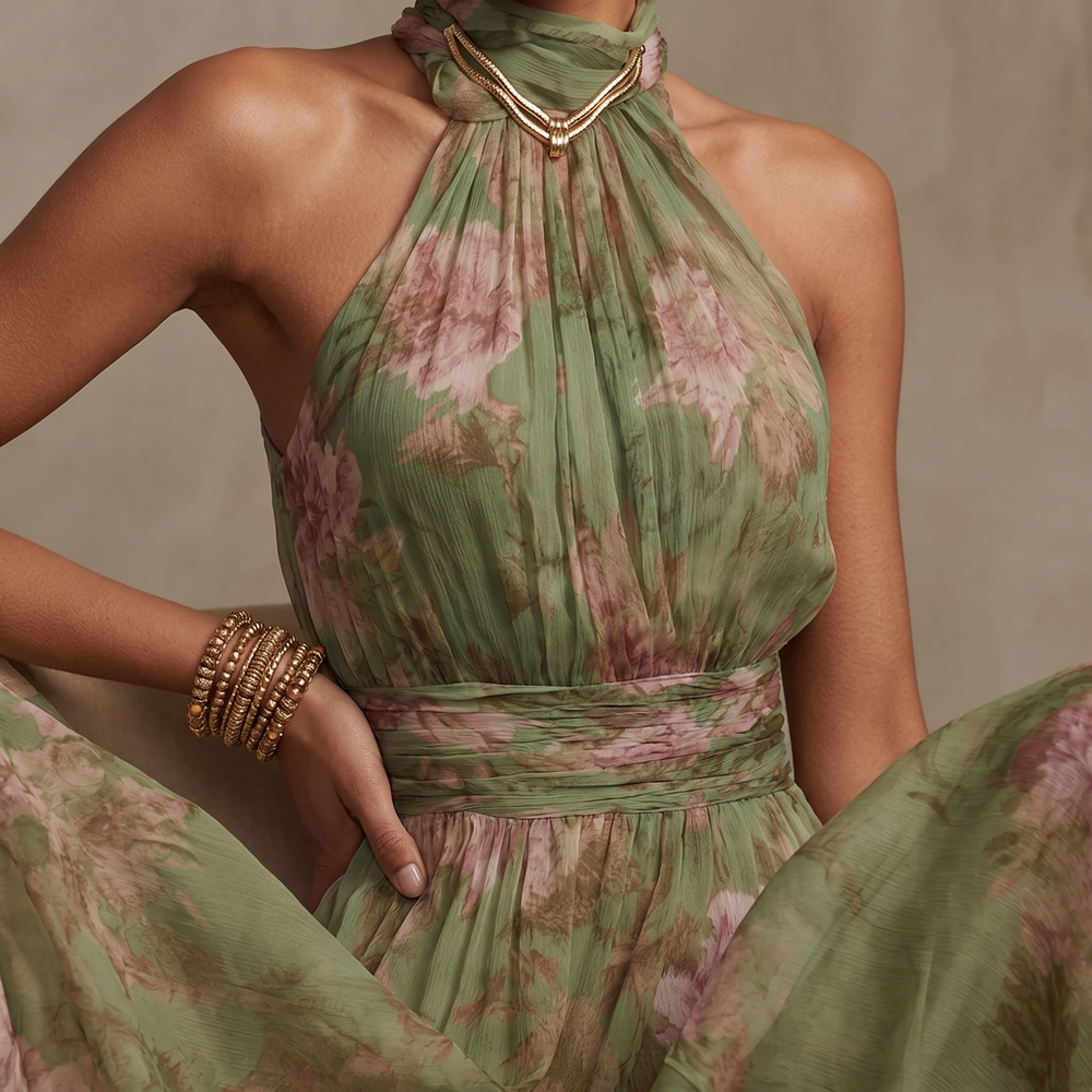 Rosalie – Women's Flowy Sage Floral Summer Maxi