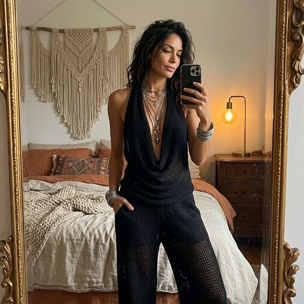 Lunessa – Draped Cowl-Neck Knit Halter Top
