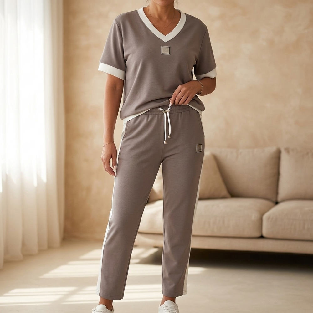 Ellara – Women's Contrast Trim V-Neck Pants Set