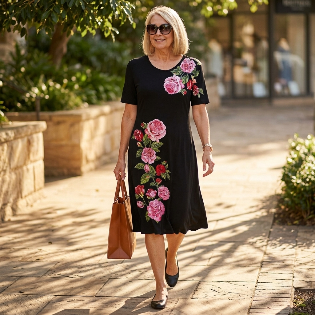 Rosalia – Women's rose print A-line midi dress