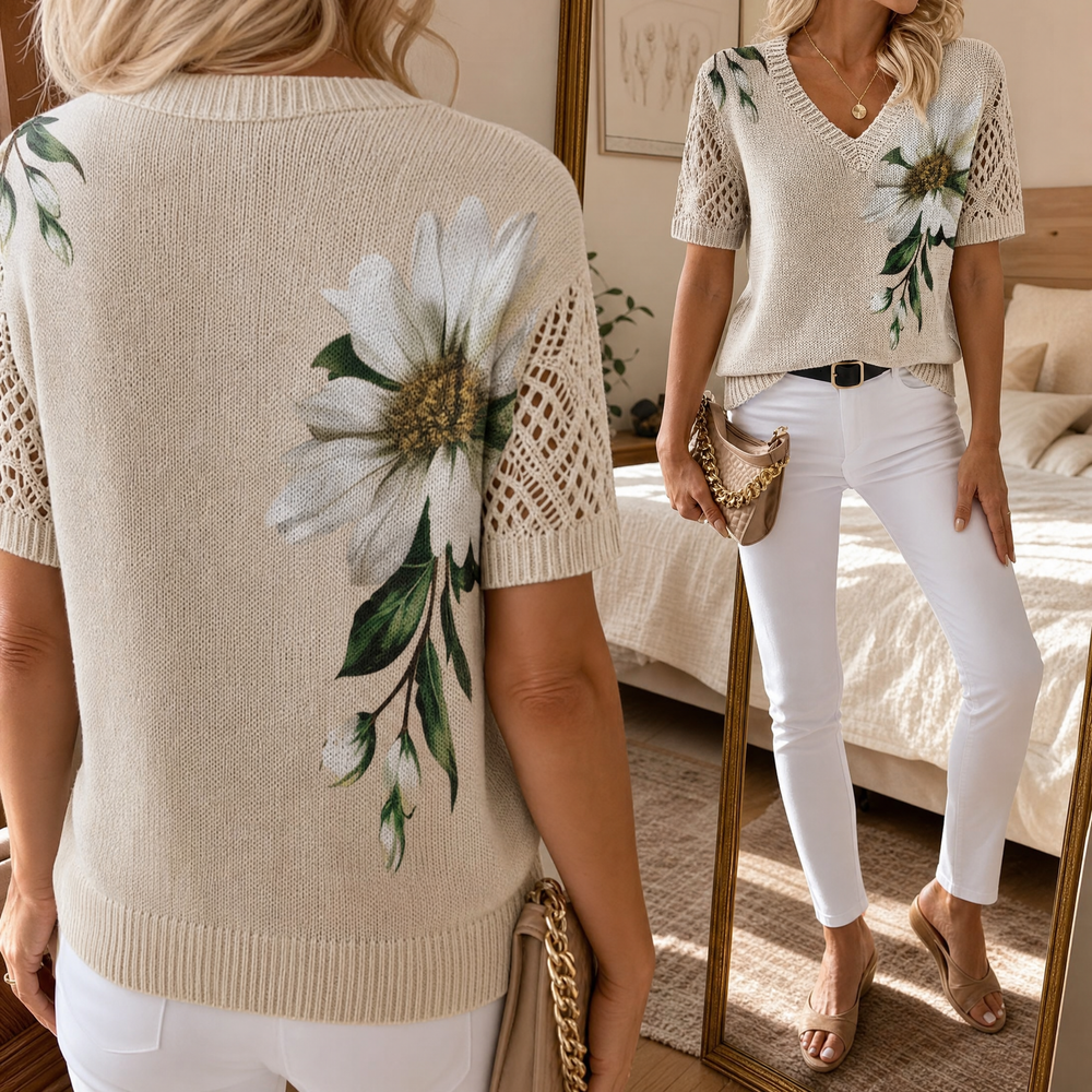Rosavelle – Women's Floral Crochet-Sleeve Knit Top