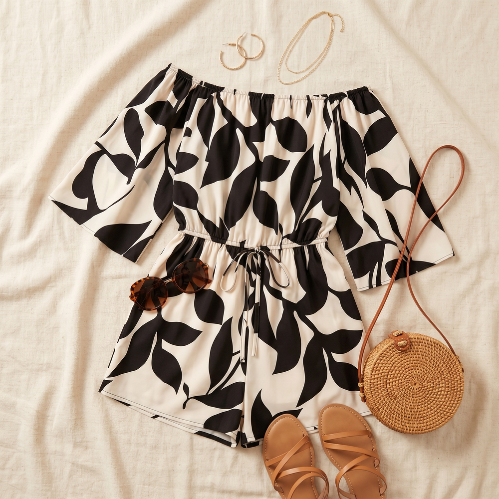 Lunavia – Women's Off-Shoulder Leaf-Print Romper