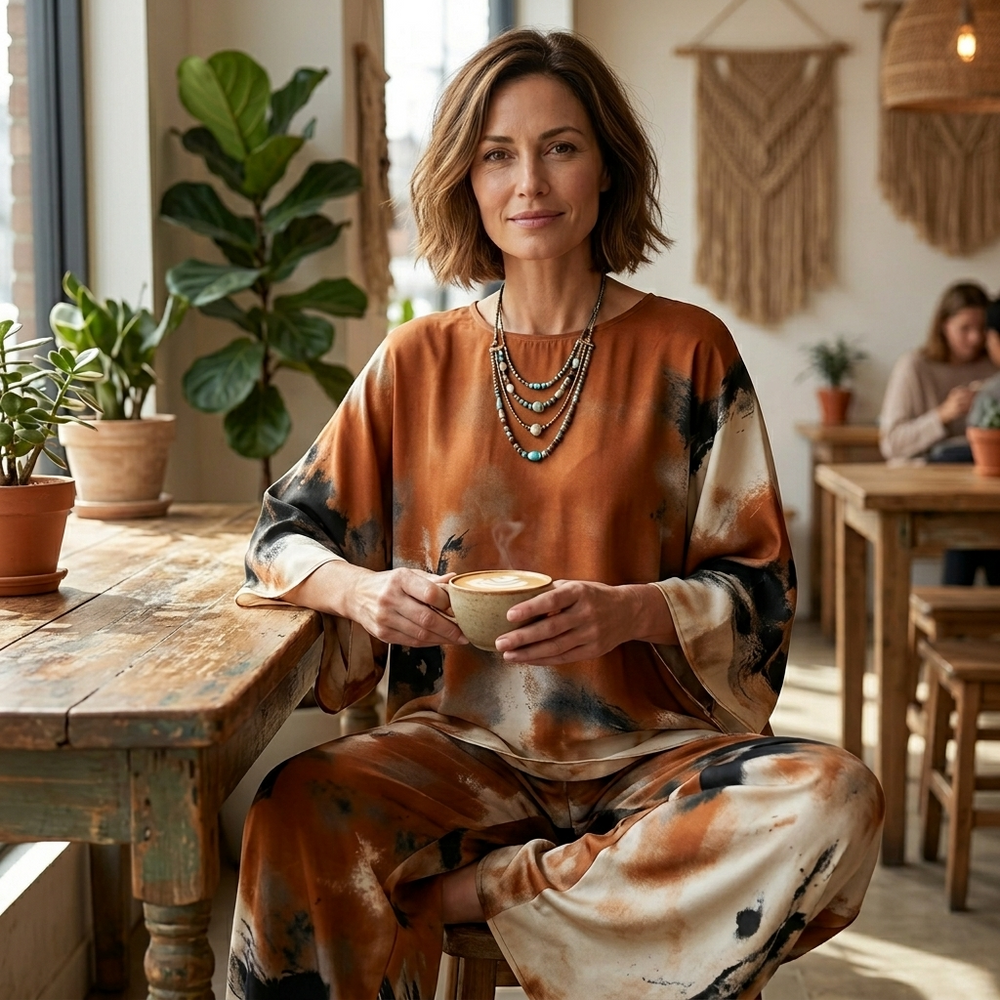 Aterra – Artistic Watercolor Tunic and Wide Leg Pants Set