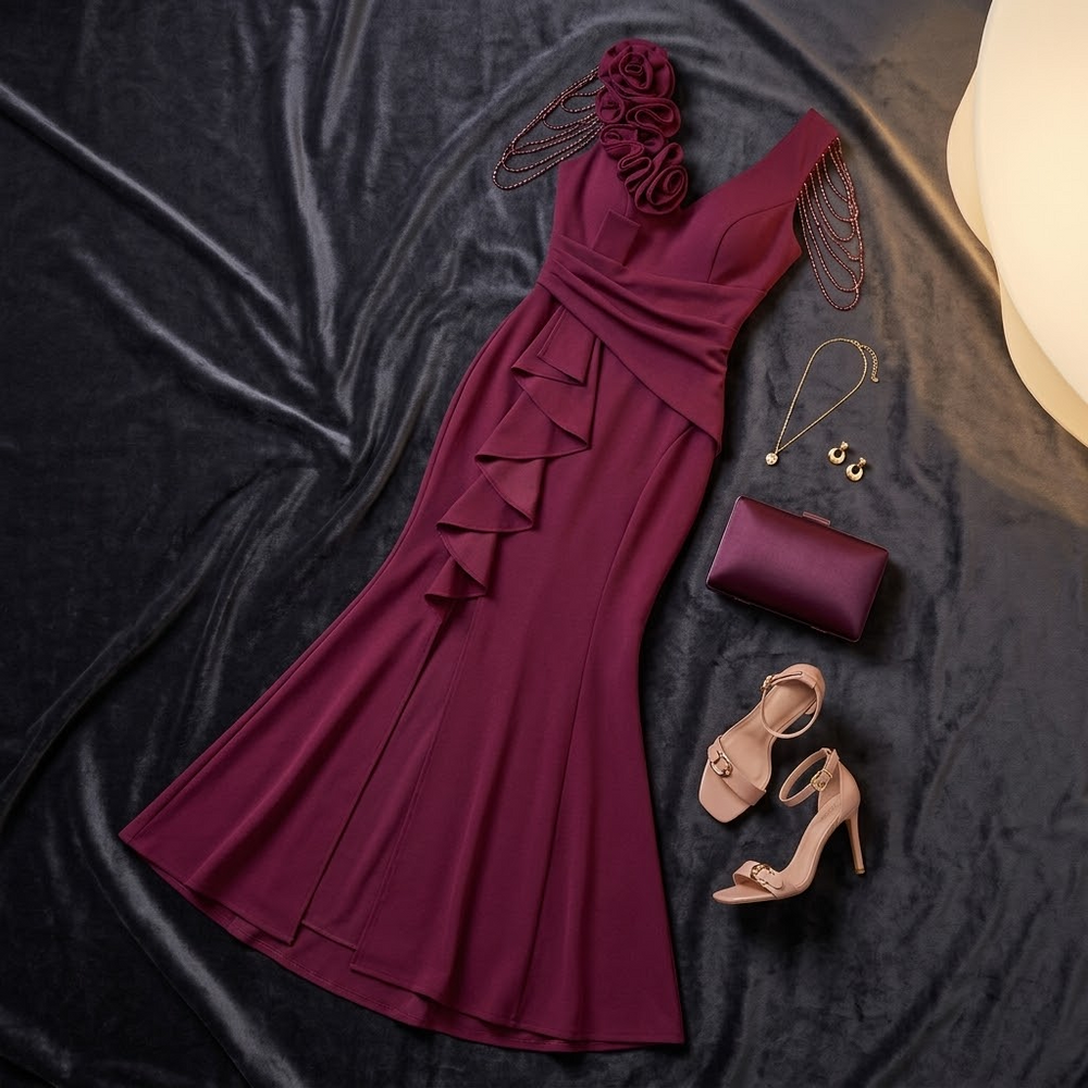Roselani – Women's Rosette Shoulder Mermaid Evening Gown
