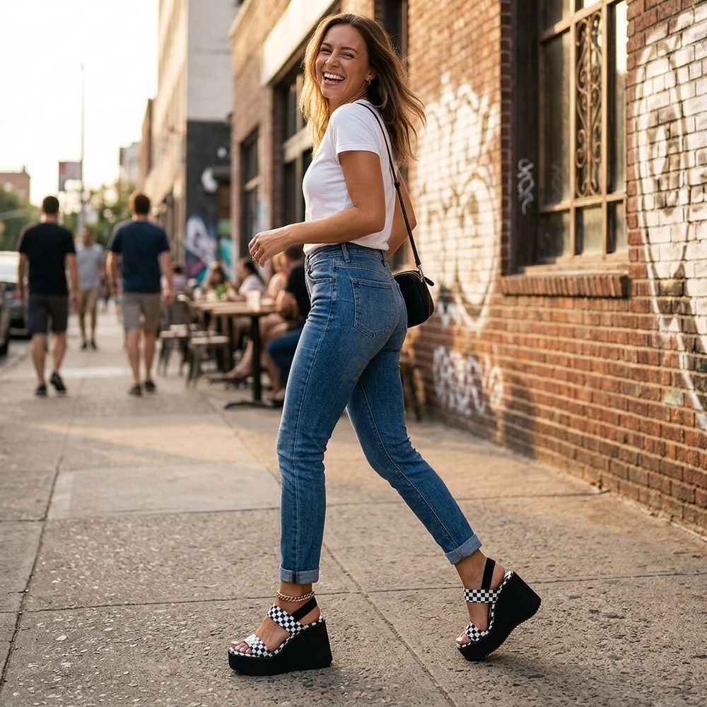 Livia – Checkered Platform Wedge Sandals