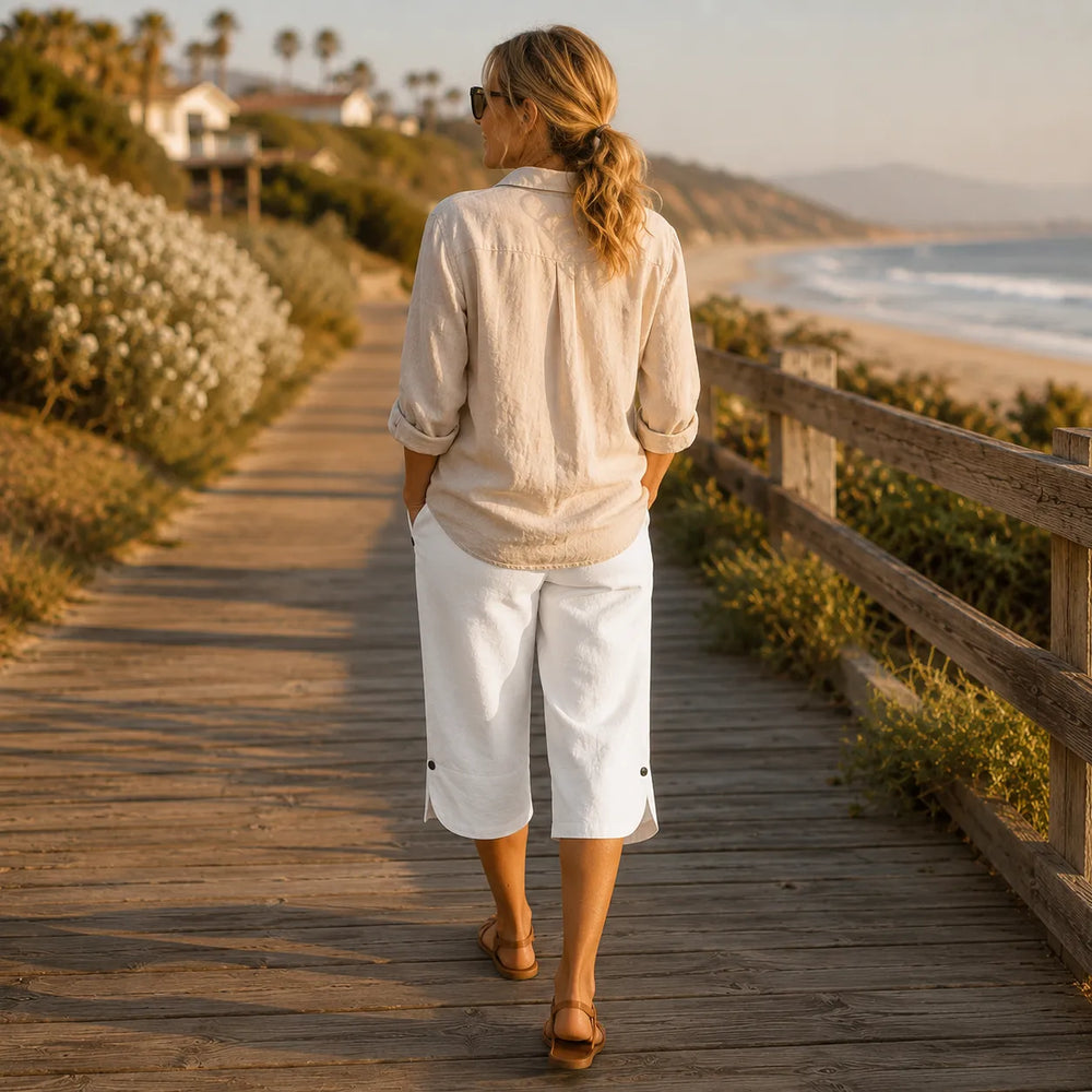 Brisana – Lightweight Linen-Look Capri Pants for Women Soft Elastic Waist