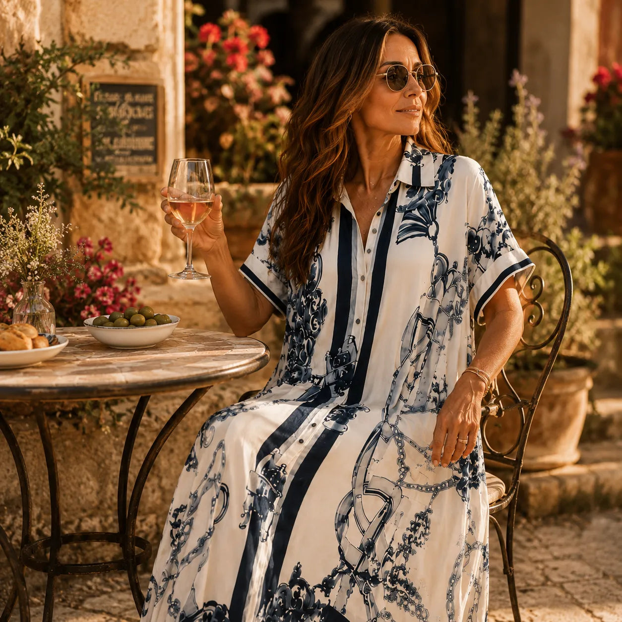 Solenne – Vintage Scroll Print Maxi Shirt Dress with Pockets