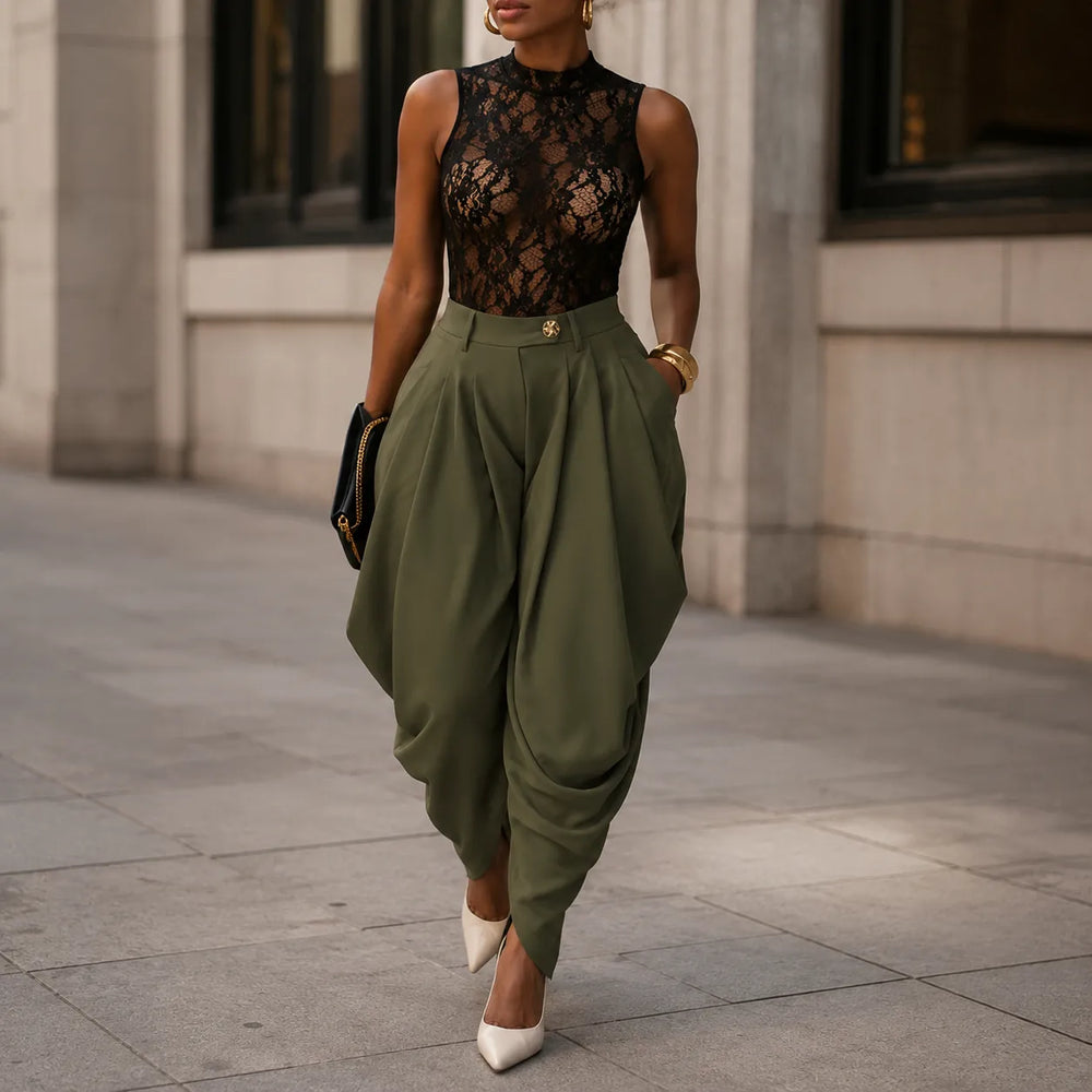 Velora – High Waist Pleated Tapered Wide Leg Trousers for Women