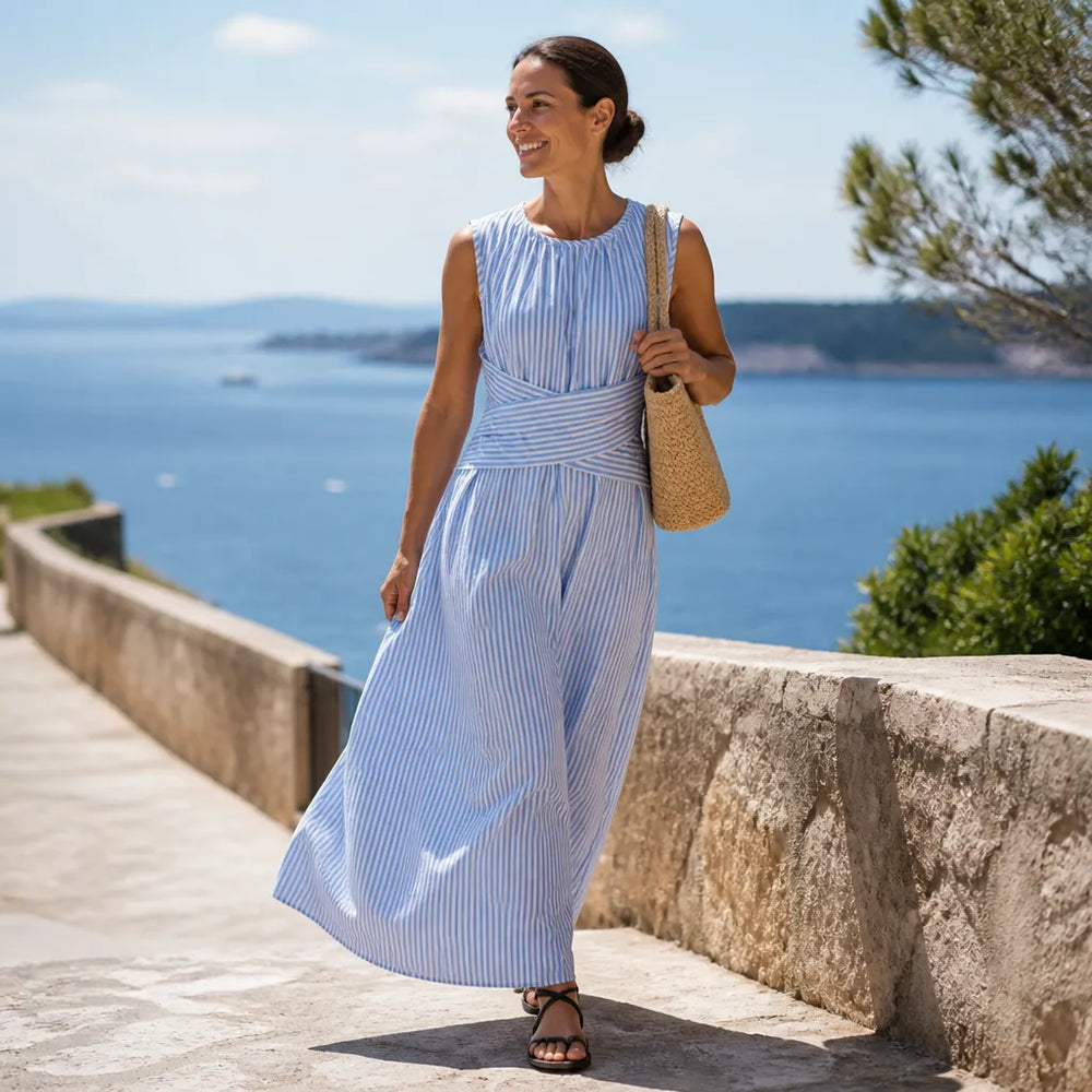Marellé – Striped Wrap Waist Maxi Dress Sleeveless