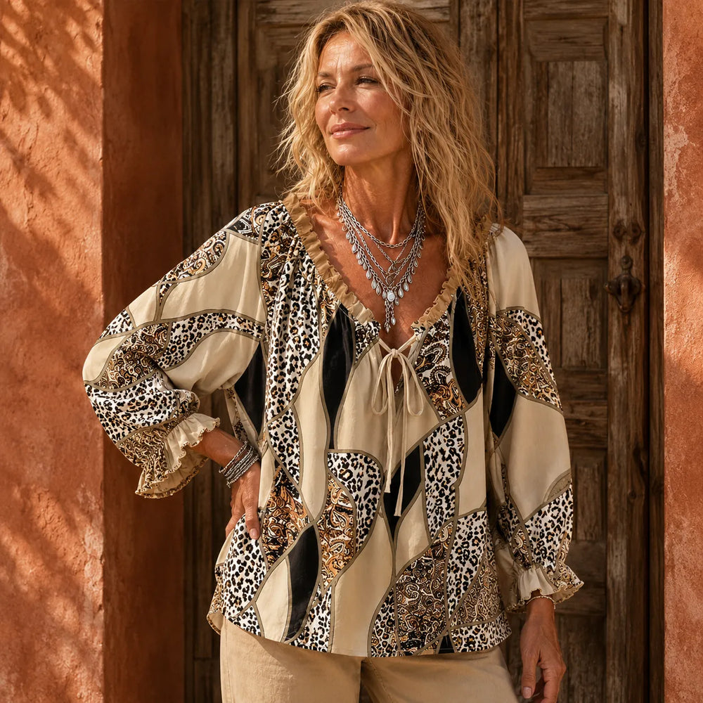 Sorelia – Mixed Print Patchwork Blouse, Leopard & Paisley V Neck