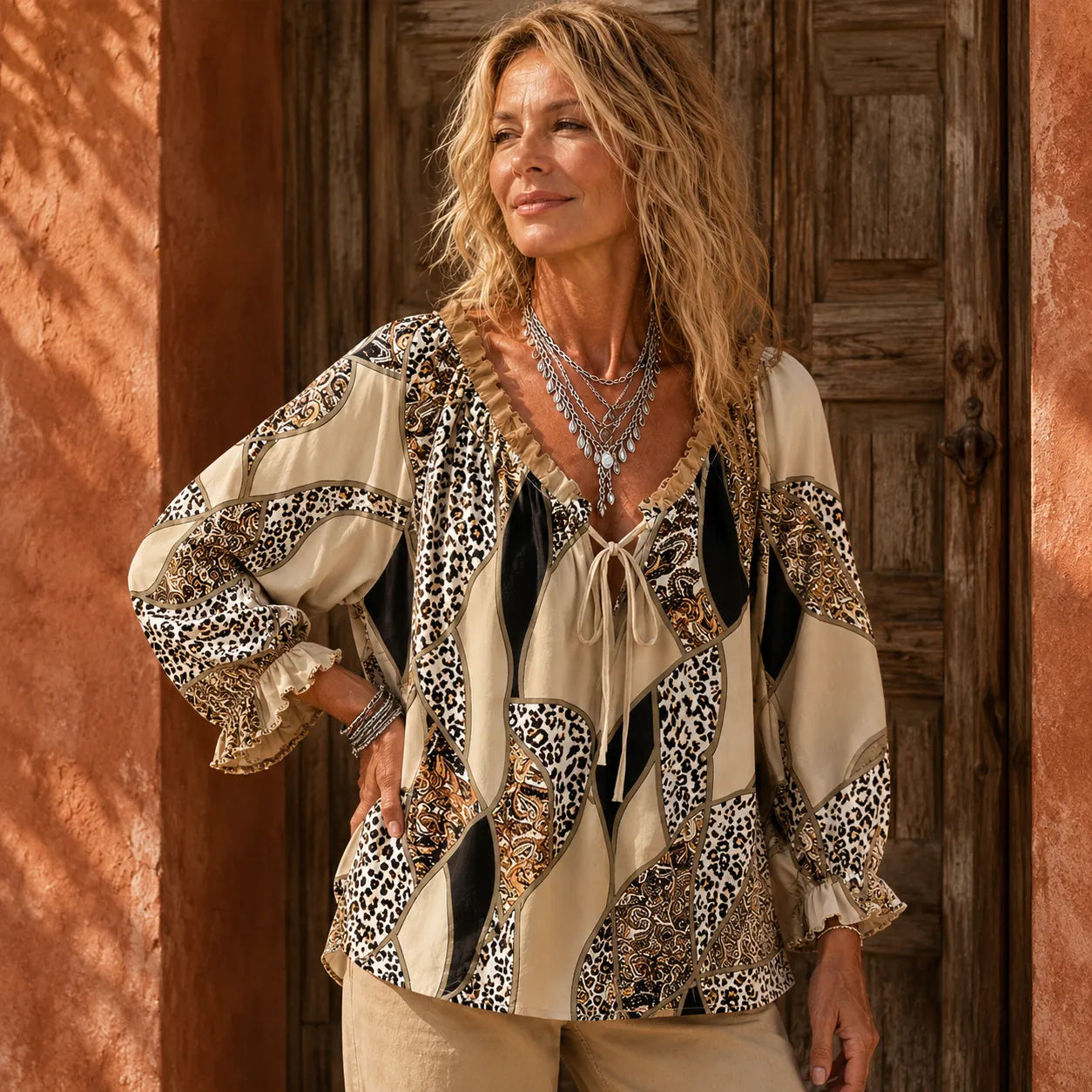 Sorelia – Mixed Print Patchwork Blouse, Leopard & Paisley V Neck