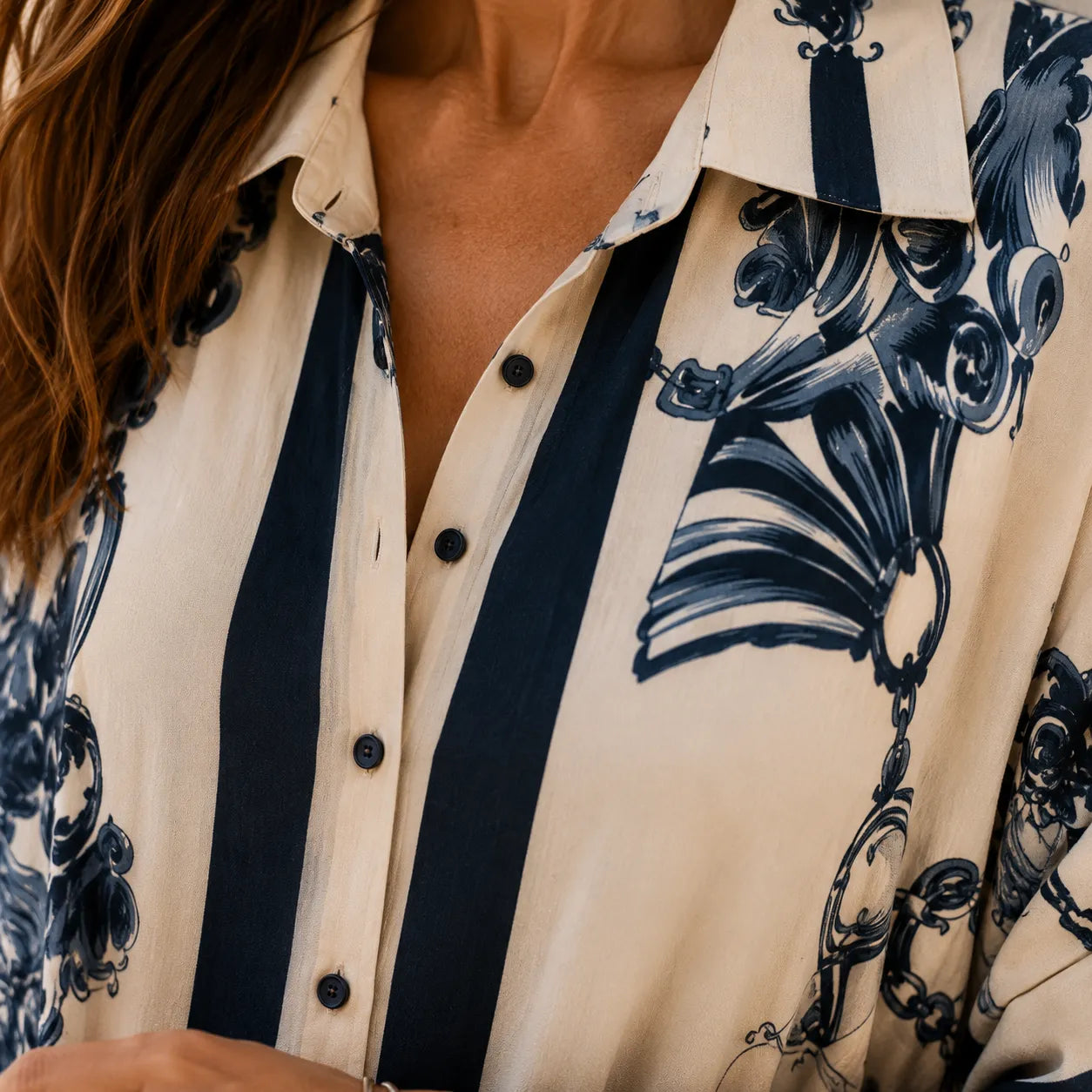 Solenne – Vintage Scroll Print Maxi Shirt Dress with Pockets