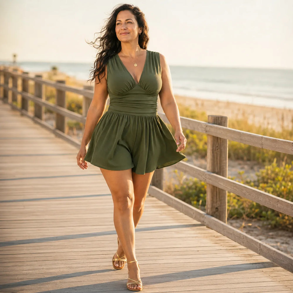 Solenya – Deep V Ruched Waist Sleeveless Romper