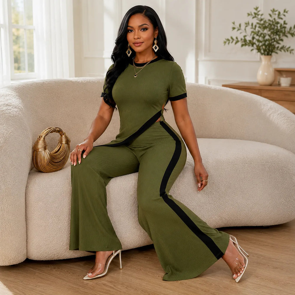 Velora – Asymmetric Ribbed Two-Piece Set with Flared Pants