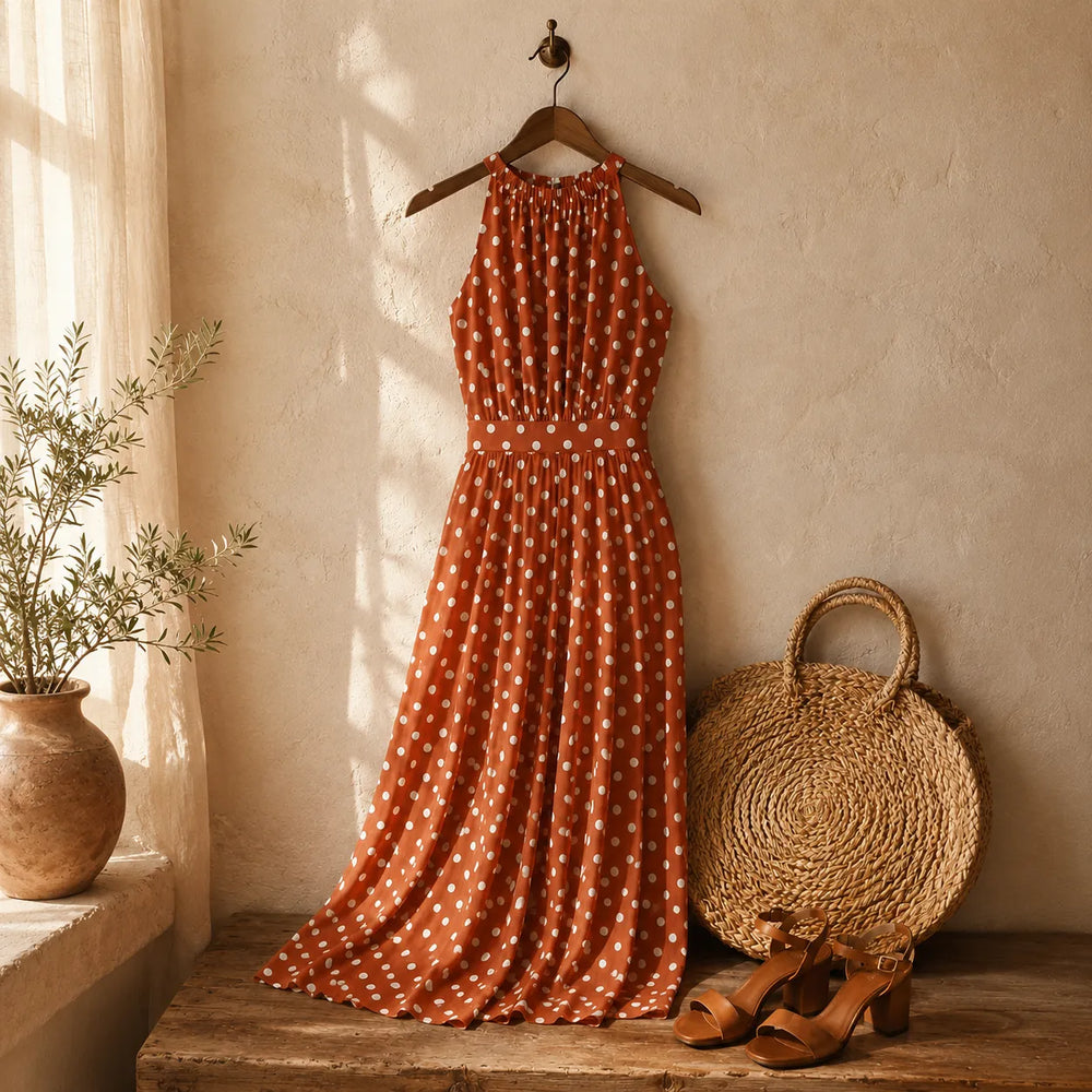 Soliana – Pleated Polka Dot Halter Midi Dress for Women