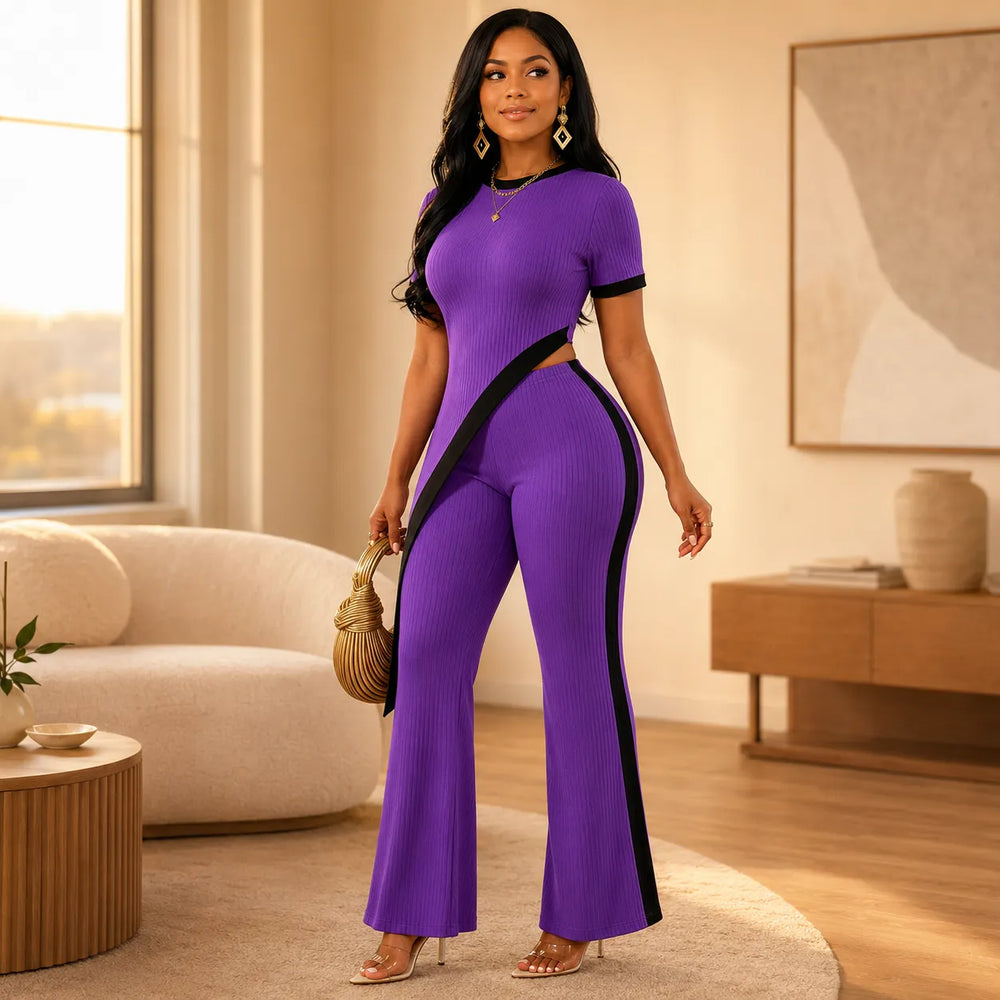 Velora – Asymmetric Ribbed Two-Piece Set with Flared Pants