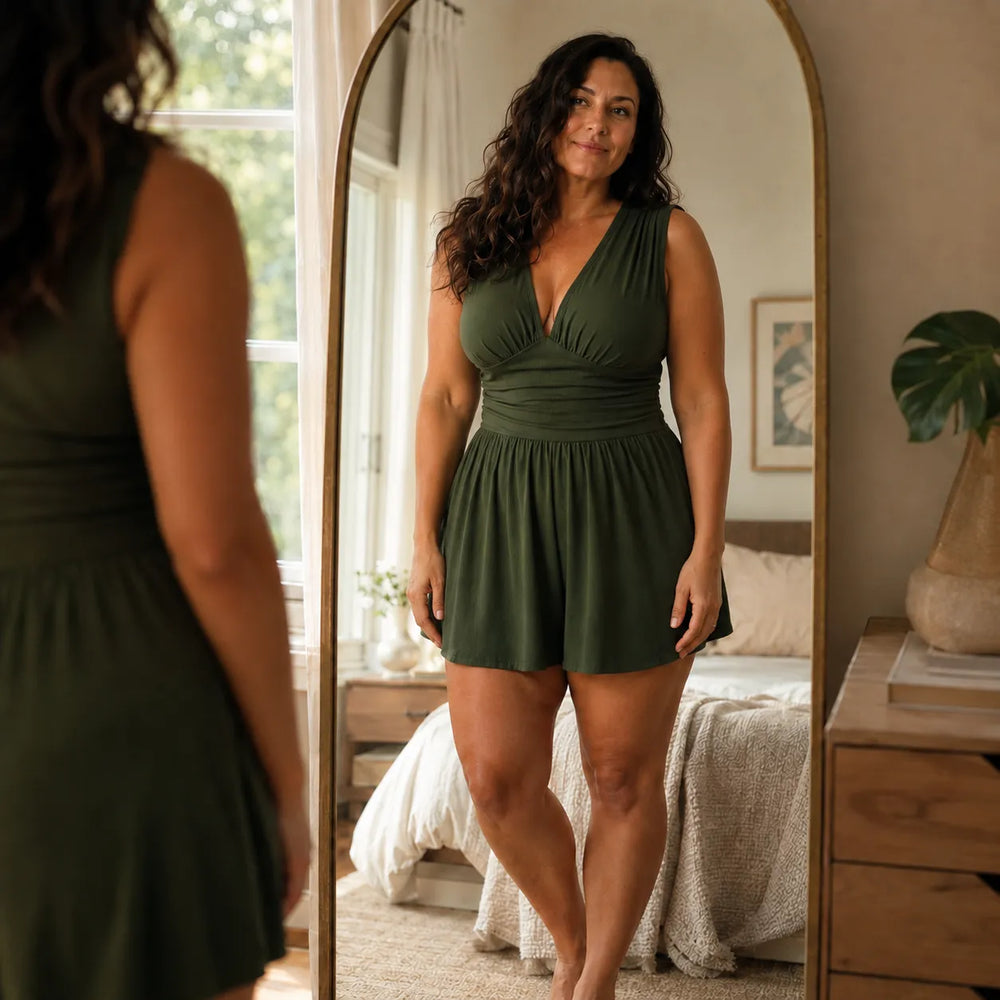Solenya – Deep V Ruched Waist Sleeveless Romper