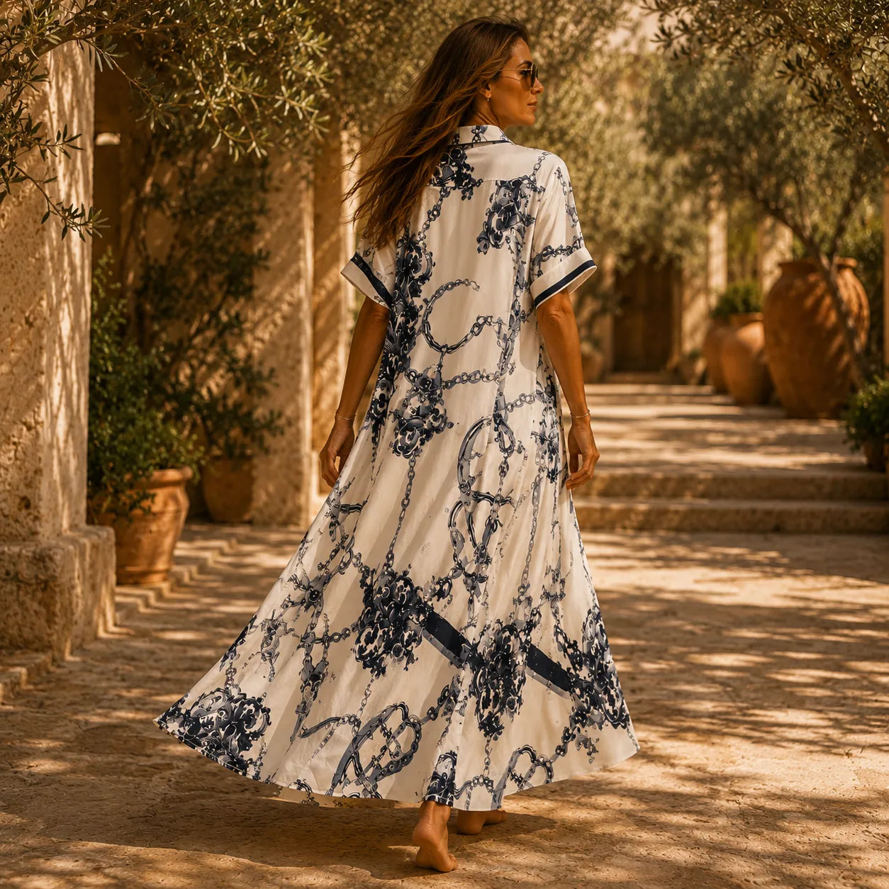 Solenne – Vintage Scroll Print Maxi Shirt Dress with Pockets