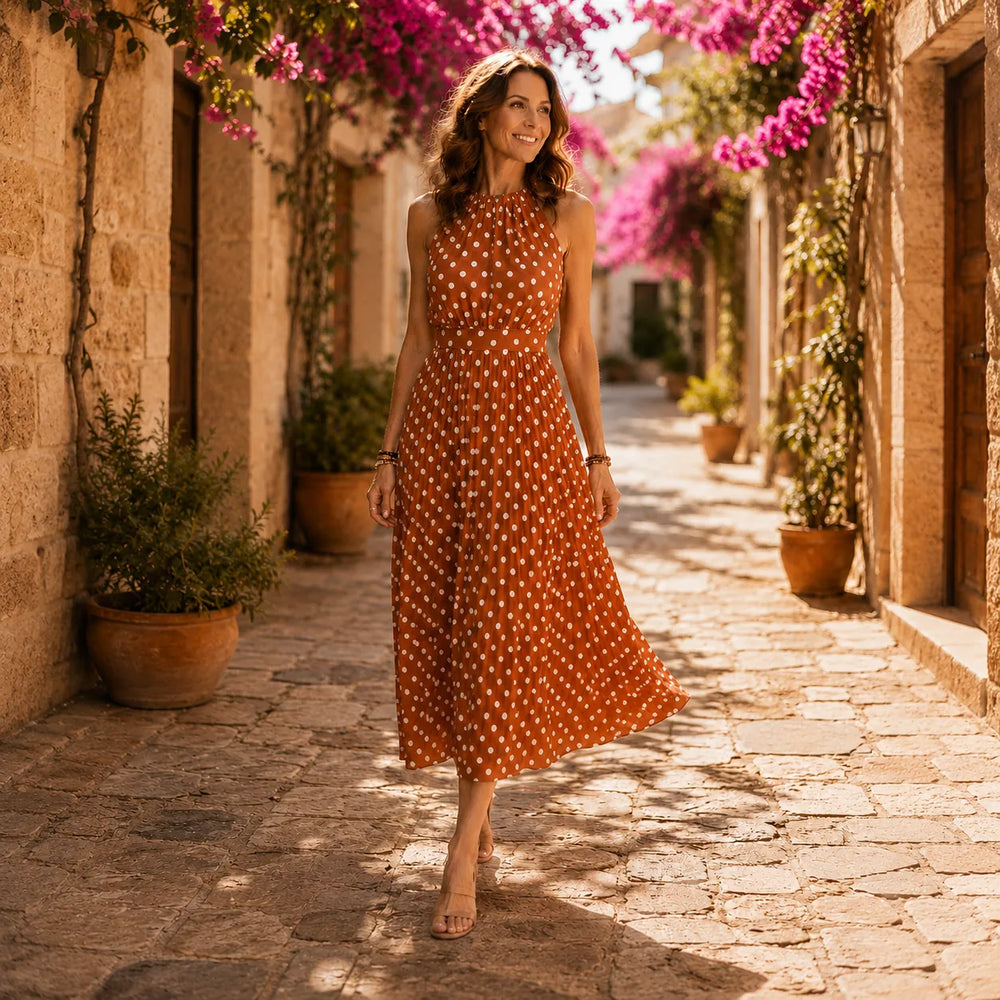 Soliana – Pleated Polka Dot Halter Midi Dress for Women