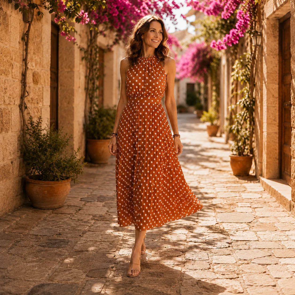 Soliana – Pleated Polka Dot Halter Midi Dress for Women