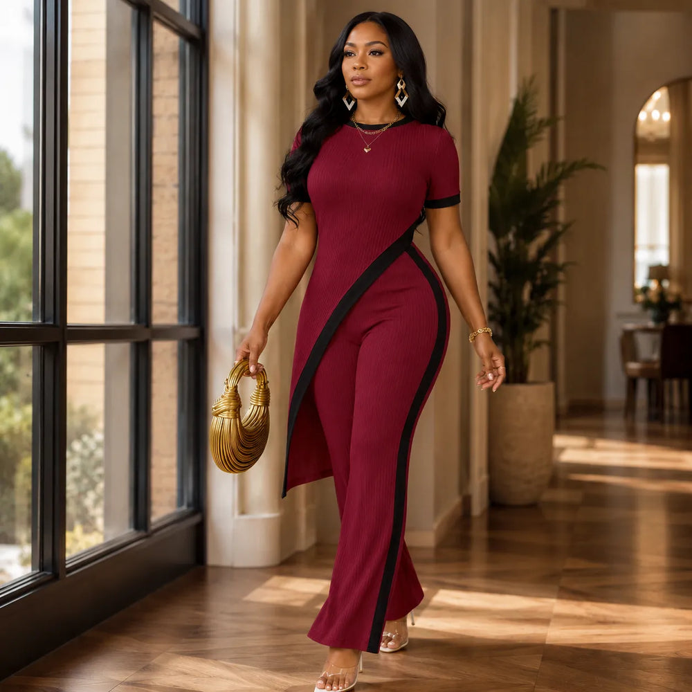 Velora – Asymmetric Ribbed Two-Piece Set with Flared Pants