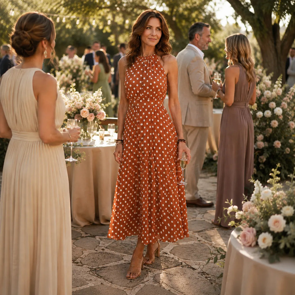 Soliana – Pleated Polka Dot Halter Midi Dress for Women