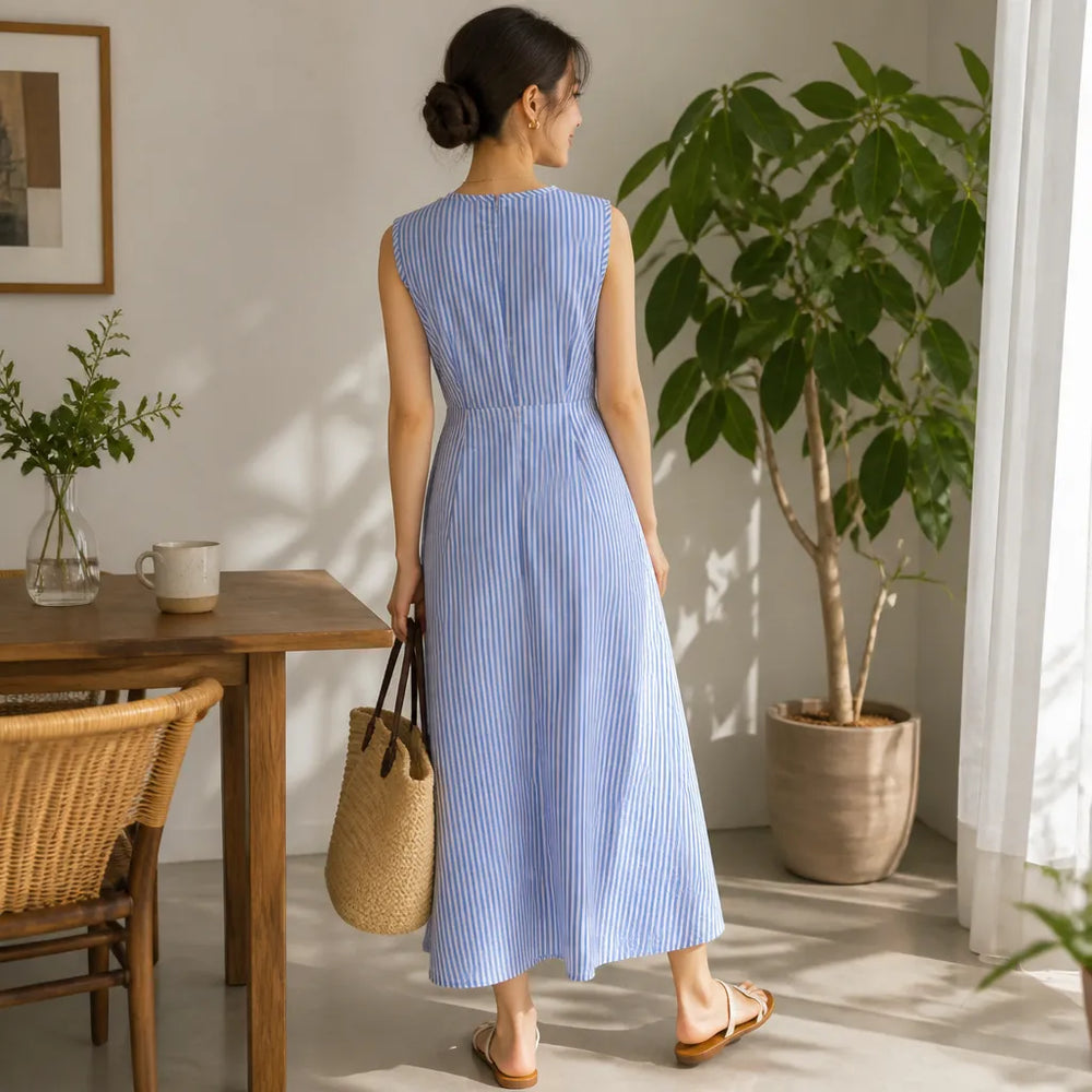 Marellé – Striped Wrap Waist Maxi Dress Sleeveless