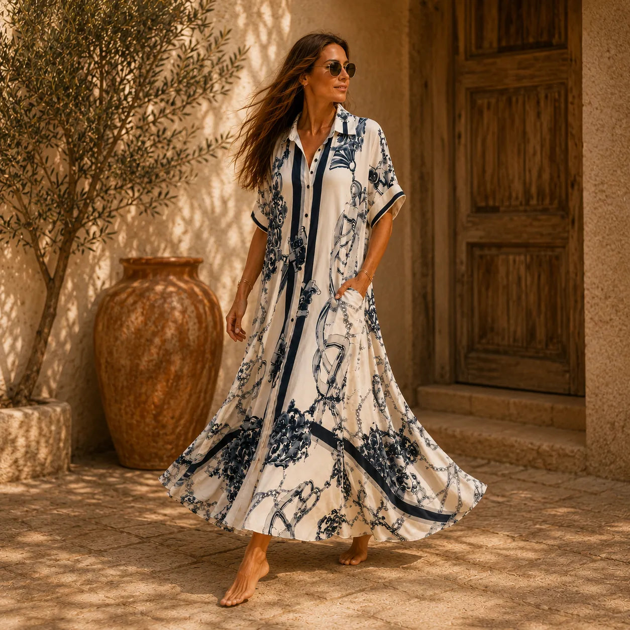 Solenne – Vintage Scroll Print Maxi Shirt Dress with Pockets