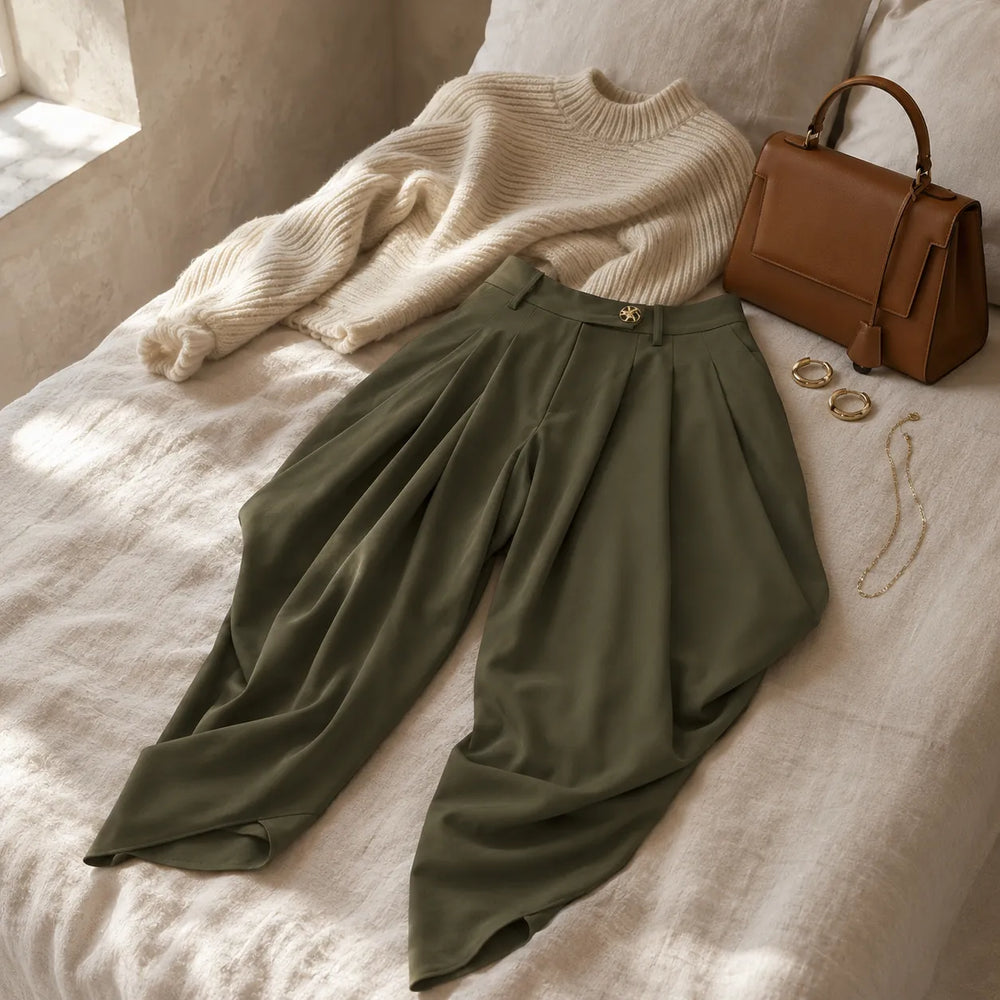 Velora – High Waist Pleated Tapered Wide Leg Trousers for Women