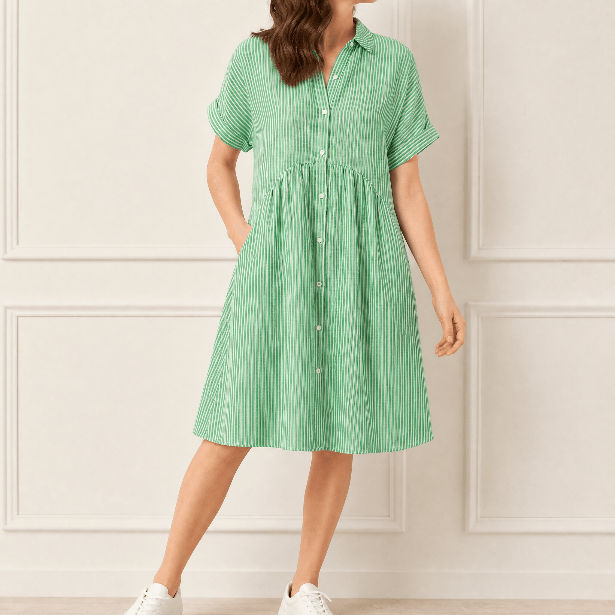 Linara - Striped Midi Shirt Dress with Pockets