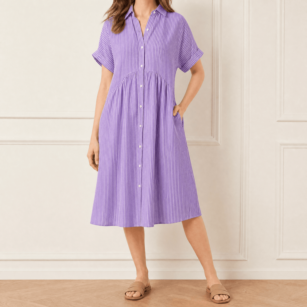 Linara - Striped Midi Shirt Dress with Pockets