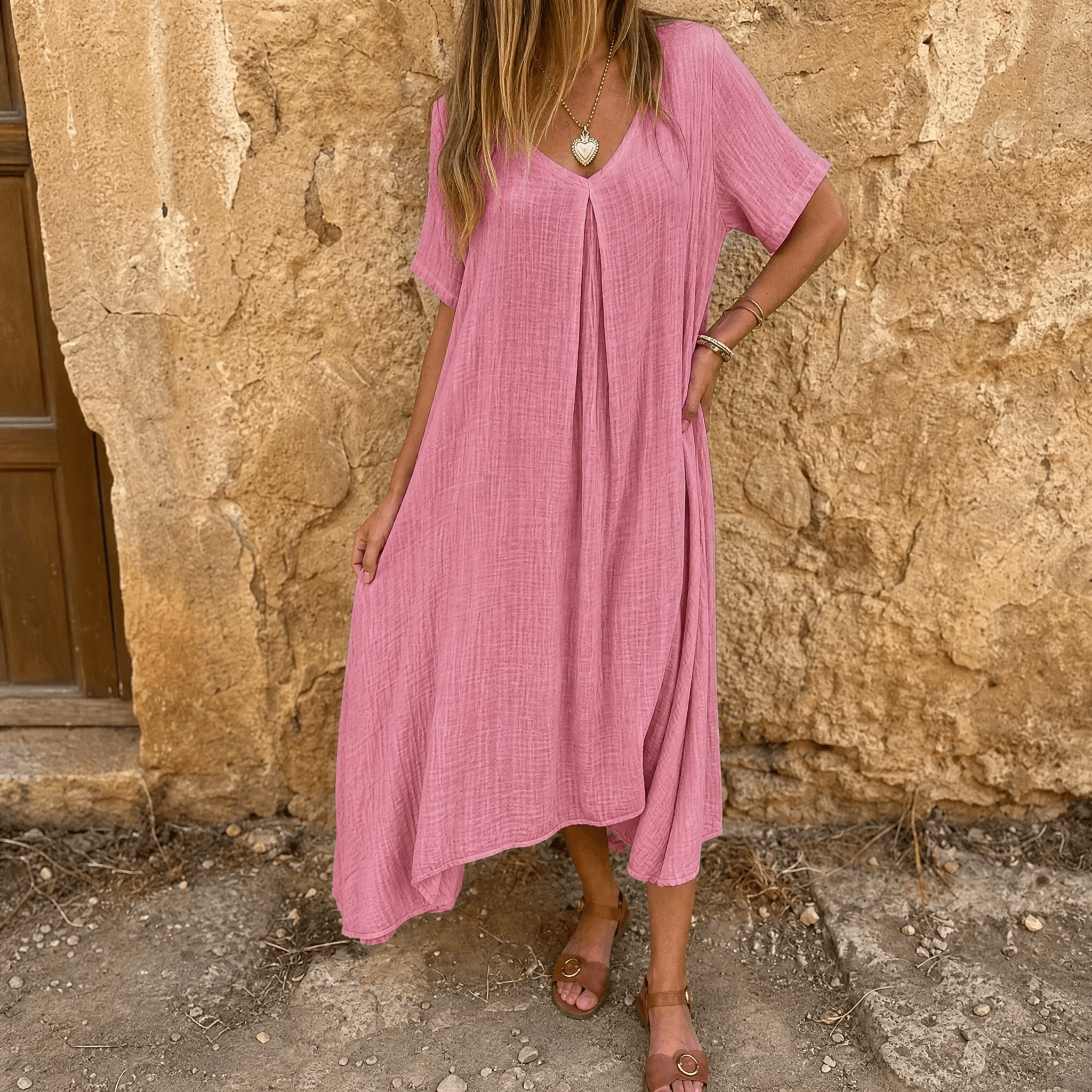 Linara – Women's Breezy Cotton Linen V-Neck Dress
