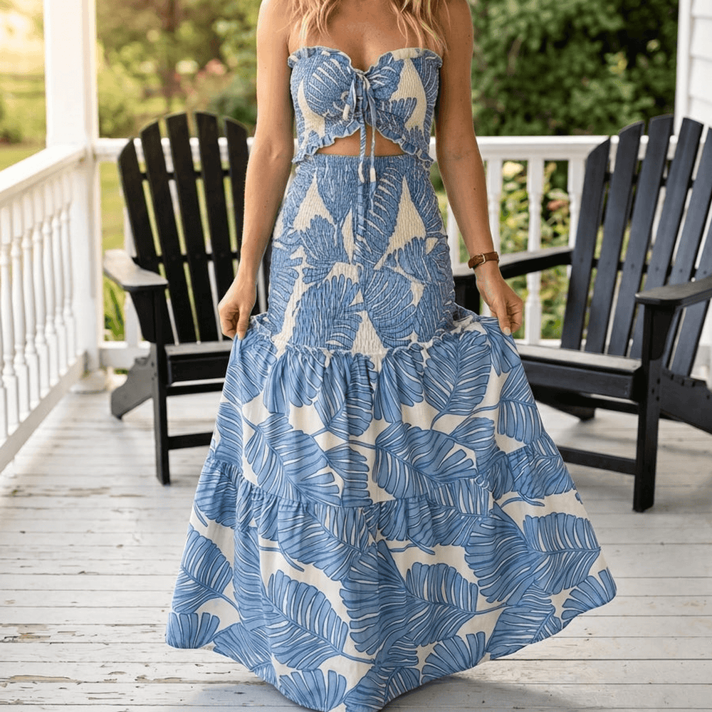 Liriosa – Women's Palm-Print Strapless Maxi Dress