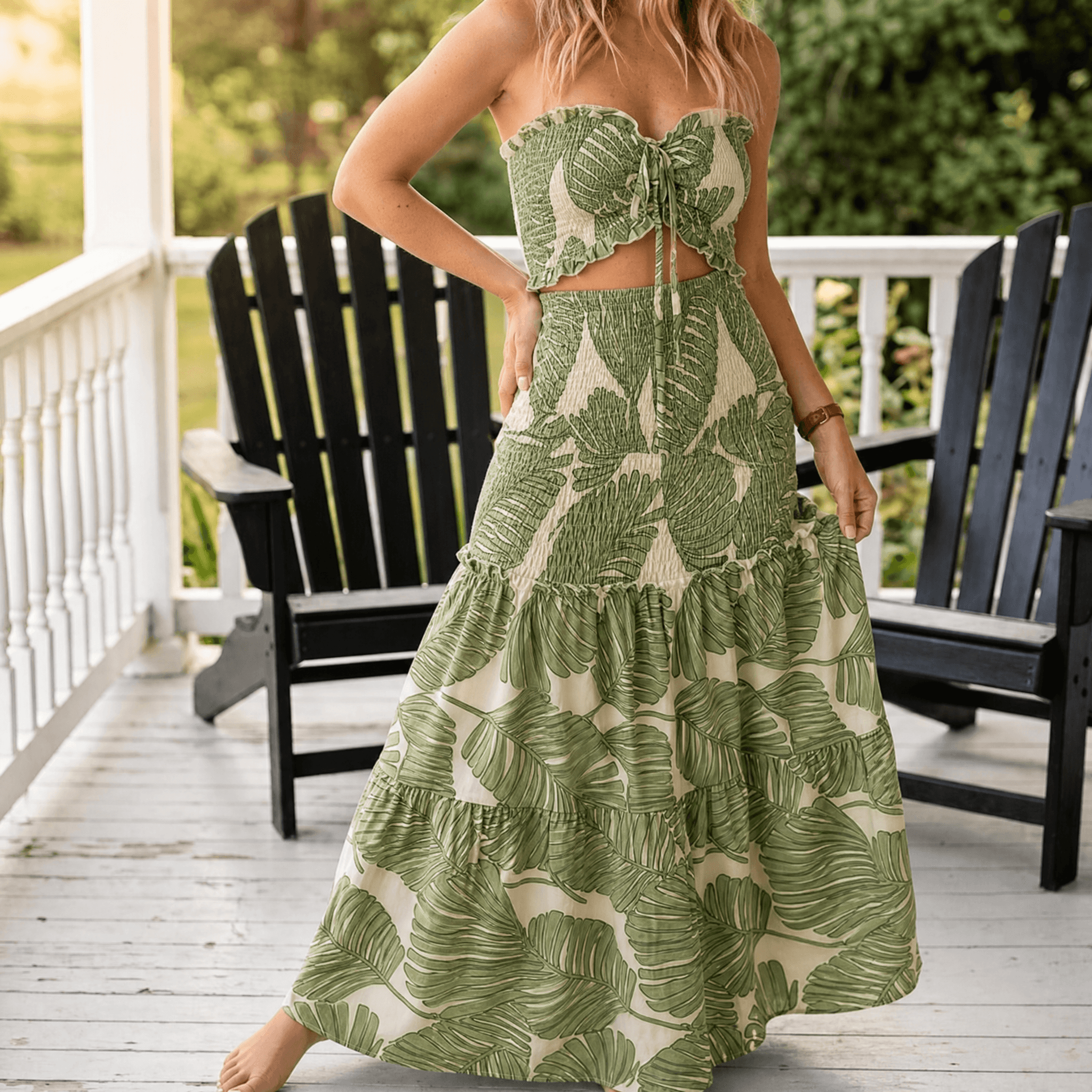 Liriosa – Women's Palm-Print Strapless Maxi Dress