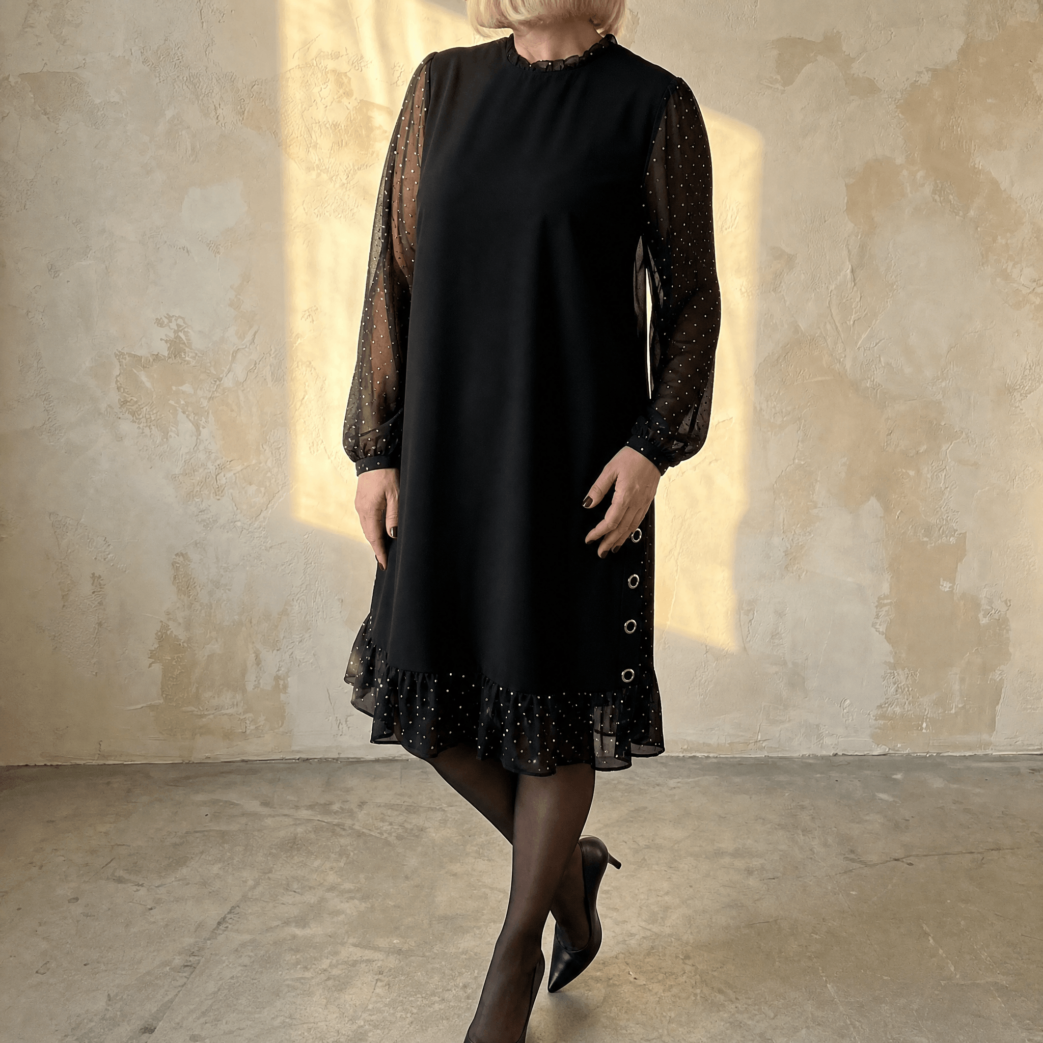 Lumiveil – Rhinestone Mesh Sleeve Dress with Ruffle Hem