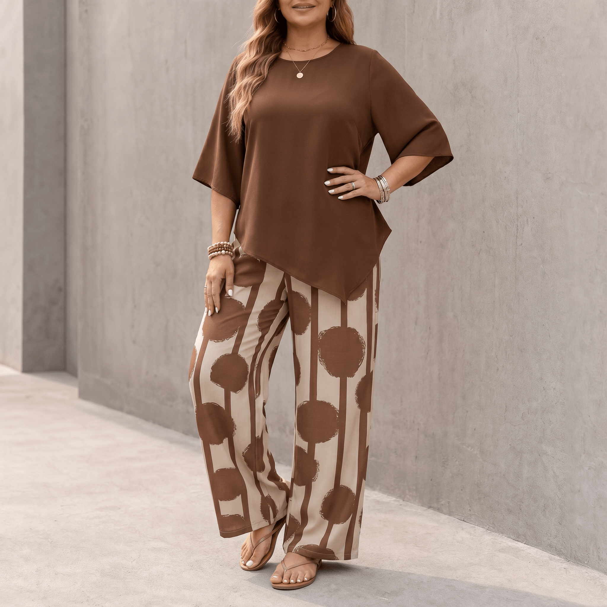 Luna – Women's Asymmetric Drape 2-Piece Set with Wide-Leg Print Pants