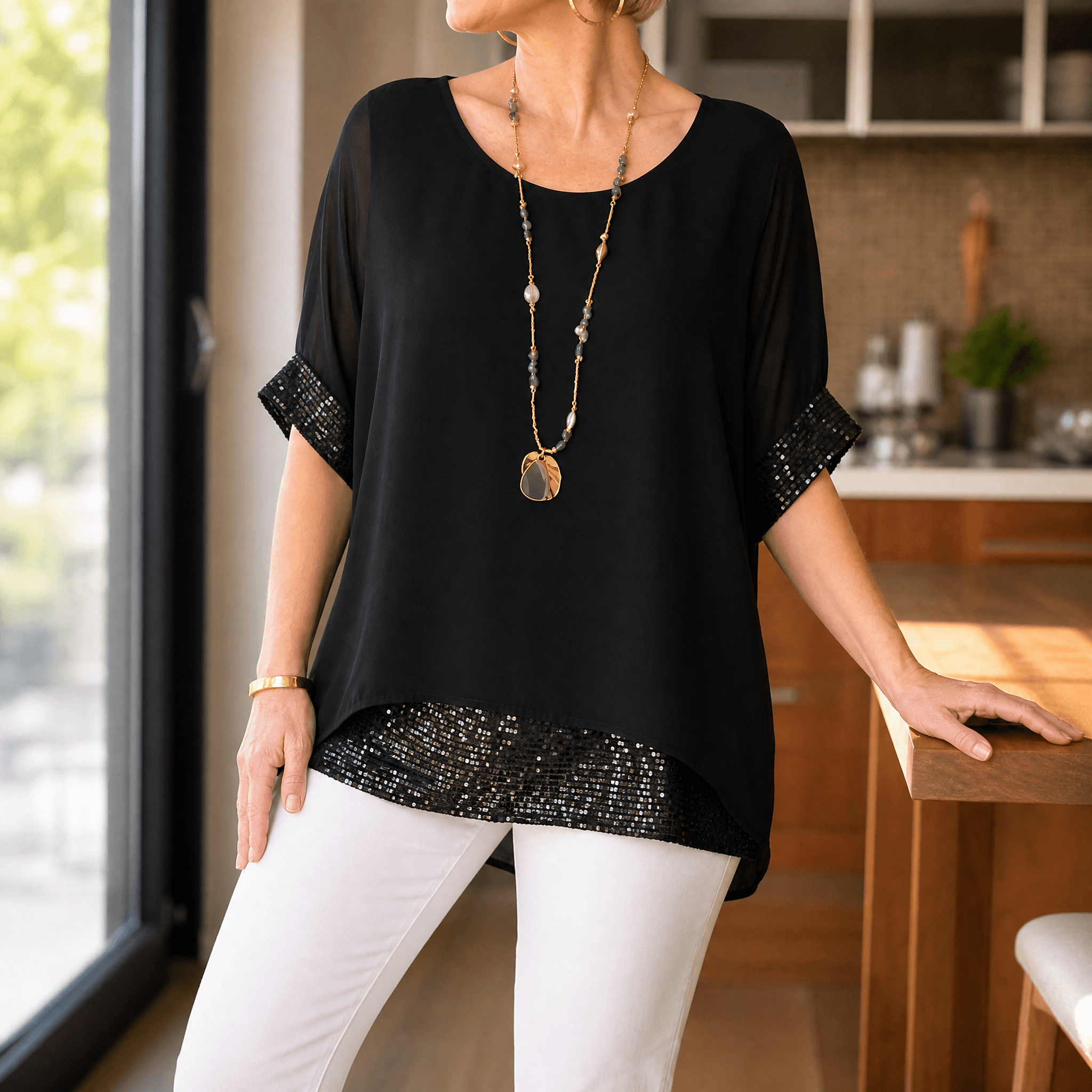 Lunara – Women's Sequin Trim Layered Chiffon Top