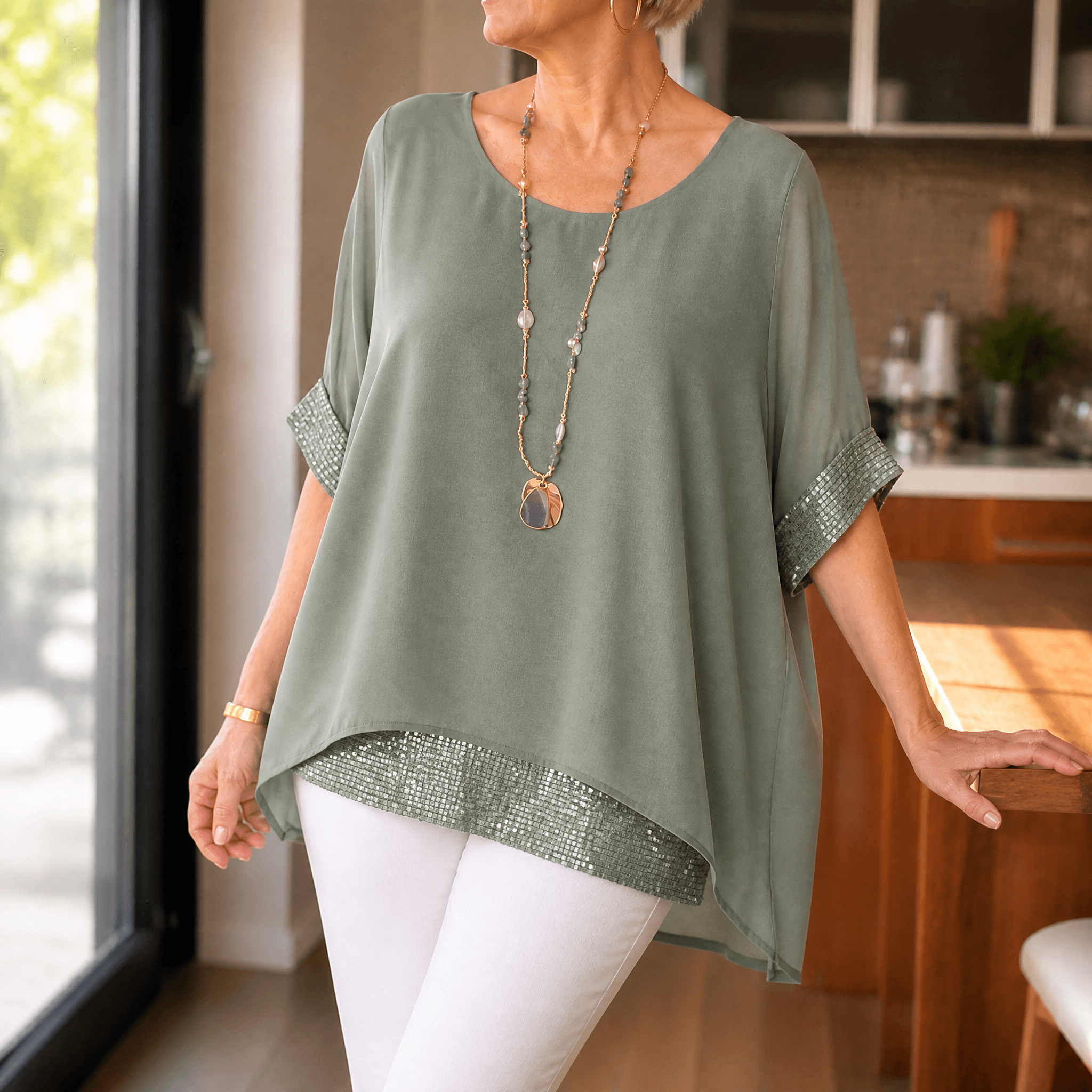 Lunara – Women's Sequin Trim Layered Chiffon Top